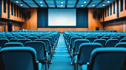 Canvas Print - Rows of blue chairs in an empty, brightly lit conference hall with a large projector screen at the front.