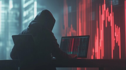 Wall Mural - Silhouetted figure in a hoodie analyzes data on multiple screens against a backdrop of fluctuating stock market graphs