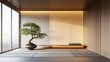 © Napasnan - A minimalist Japanese interior with tatami flooring, sliding doors, and a bonsai tree by the window.