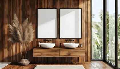 Empty frame mockups displayed on a rustic wooden wall in a stylish bathroom decor