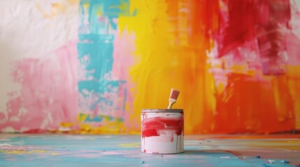 Wall Mural - Paint Can and Brush in Front of Colorful Abstract Wall