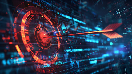 Abstract glowing data neon red target with arrow hit the center on blue laptop with business data analysis. and bokeh background. SEO optimization target audience and business strategy concept.