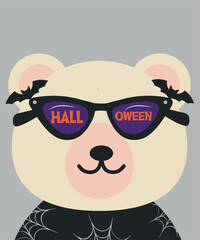 Wall Mural - Halloween Illustration with White Bear Wear Sunglasses, Bat and Black Sweater Web Pattern