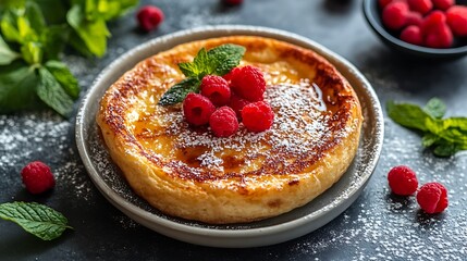 Wall Mural - Delicious dessert with powdered sugar, raspberries and mint leaves on a plate.