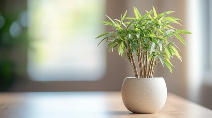 Poster - A small potted bamboo plant thriving on a wooden table in a well-lit indoor setting during the daytime