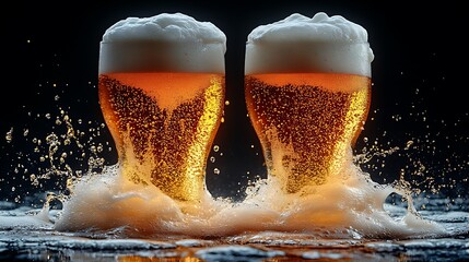 Two glasses of beer with foam splashing on a dark background.