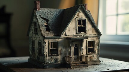 A weathered, dilapidated wooden house model with broken windows, a missing roof, and a chipped paint exterior.