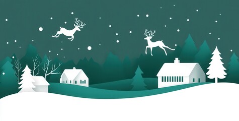 Wall Mural - A minimalist Christmas background with houses, trees, and reindeer flying in the sky, in a paper-cut style