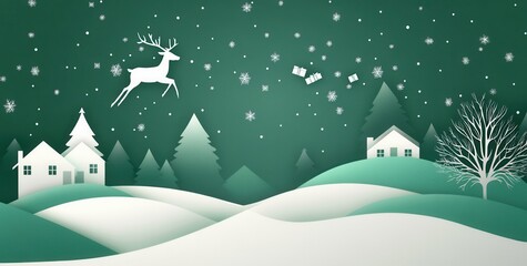 Wall Mural - A minimalist Christmas background with houses, trees, and reindeer flying in the sky, in a paper-cut style