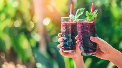 Hand hold summer drink with blueberry fruit