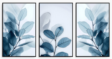 blue leaf with three canvases of vertical black frame, grey solid background