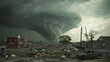 © Worakit - powerful tornado looms ominously over devastated town, showcasing destructive force of nature. scene captures aftermath of destruction, with debris scattered across landscape