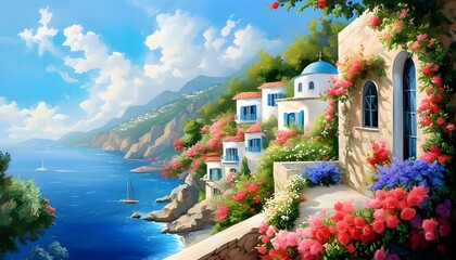 Enchanting Mediterranean Seascape with Blossoming Flowers in Oil Painting Style