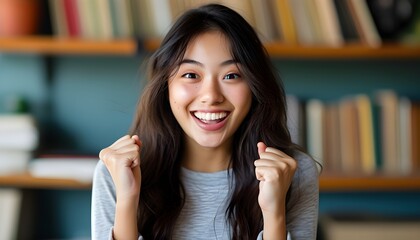 Joyful celebration of an Asian girl embracing success, thrilled about landing a new job and achieving excellent exam results