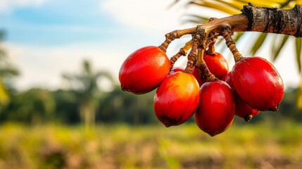 Red Palm Fruit on Branch in Tropical Garden