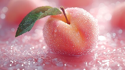 A single, fresh peach with a green leaf sits on a pink surface covered in water droplets.