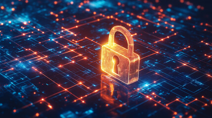 Poster - Glowing padlock protecting circuit board data encryption concept