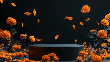 Poster - A black cylindrical pedestal sits in the center of the image against a black background, with orange marigold flowers and petals surrounding it.