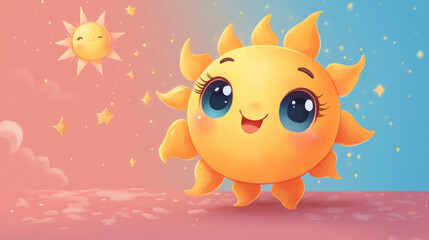 Poster - Cute cartoon sun with big eyes and a smile.