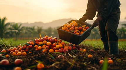 Palm Oil Harvest Farmer Collecting Fresh Fruits