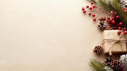 a natural christmas gift wrapped in brown paper, decorated with pine branches, red berries, and pine