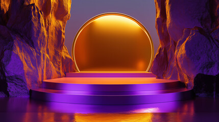 Poster - Purple podium shining under golden circle between rocks at sunset