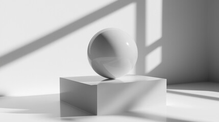 Leinwandbilder - White sphere balancing on a cube with window shadows on a white background