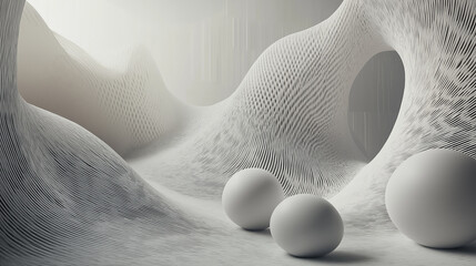 Wall Mural - Abstract white minimalistic parametric waves wall with spheres