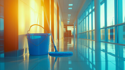 Aufkleber - Cleaning equipment standing in the middle of a bright corridor