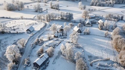 Sticker - Aerial View of a Frosty Winter Village