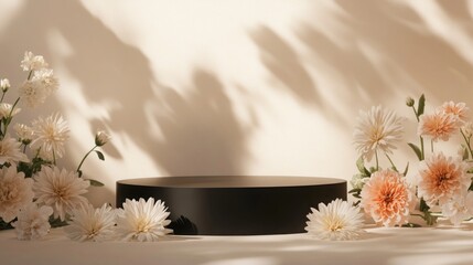 Poster - A serene setup showcases delicate pastel flowers arranged around a black circular platform, bathed in soft shadows