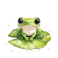 Canvas Print - Watercolor Illustration of a Cute Green Frog Sitting on a Lily Pad.