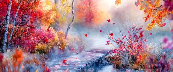 Wall Mural - Misty autumn forest path with colorful leaves and wooden bridge.