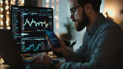 Wall Mural - A man analyzes stock market trends on his phone while working late at night in a dimly lit home office