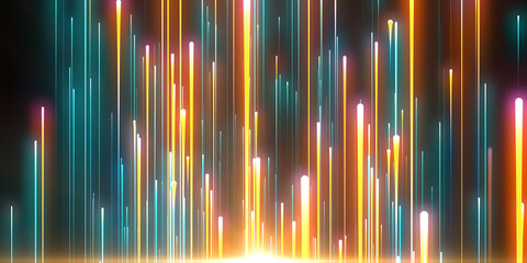 Wall Mural - moving laser beams. abstract background in blue and yellow neon glow color. light burst in universe.
