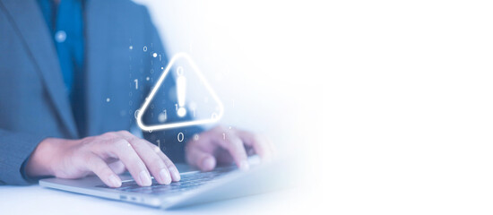 Warnings exclamation mark alerts in computer systems to be aware of the dangers and risks of cyberattacks on the Internet. Malicious software to secure online logins on websites	

