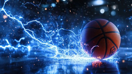 Wall Mural - blue lightning sparks around a basketball, illustrating electrifying power and the excitement of a f