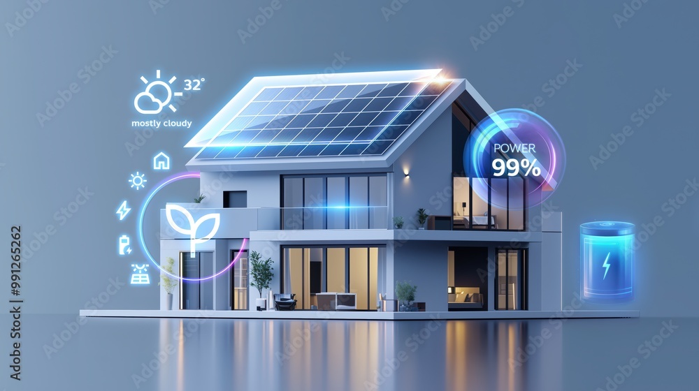Futuristic smart home with cutting-edge rooftop solar panel system: Eco ...