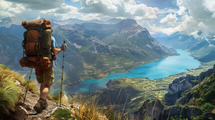 Poster - Hiker with Backpack Admires Mountainous Landscape