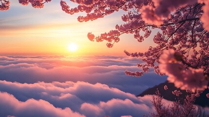 Wall Mural - a breathtaking sunrise over a sea of clouds, framed by a vibrant cherry blossom tree.