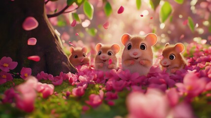 A group of small hamsters are sitting in a field of pink flowers. The scene is bright and cheerful, with the flowers providing a pop of color against the green grass