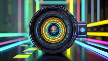 Wall Mural - Futuristic abstract background featuring intricate designs of a camera lens with vibrant colors and dynamic shapes