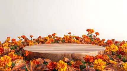 Poster - A circular wooden pedestal is set against a neutral background, surrounded by bright marigolds and fallen autumn leaves