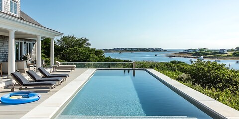 Wall Mural - small pool and floaties of large luxury cape cod light shingle style farmhouse on the ocean with views of the harbor