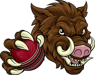 Poster - A wild boar, hog razorback warthog pig mean tough cartoon sports mascot holding a cricket ball