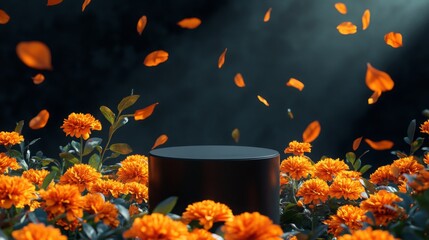 Wall Mural - Orange flowers bloom beautifully around a black pedestal, while petals gently float in the air against a smoky backdrop. The atmosphere is serene and enchanting, evoking a sense of tranquility.