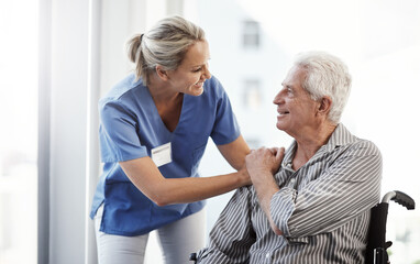 Poster - Patient, nurse and woman with support, wheelchair and conversation with healthcare, recovery and compassion. Old man, professional and person with disability, rehabilitation and healing with service