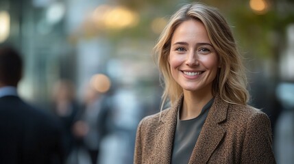 Wall Mural - businesspeople networking outside in a modern urban environment with a businesswoman engaged in conversation and building connections for career and business success