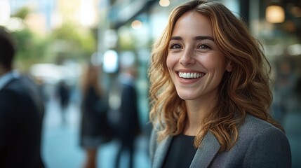 Wall Mural - businesspeople networking outside in a modern urban environment with a businesswoman engaged in conversation and building connections for career and business success