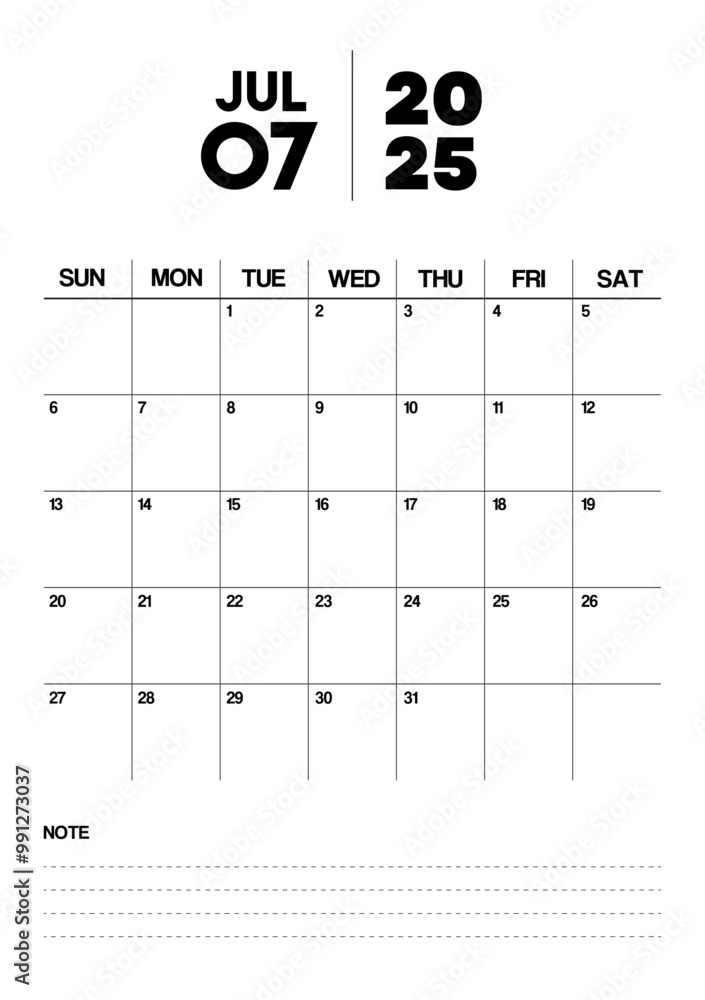 Printable Monthly Calendar Template for July 2025. Minimalist Style